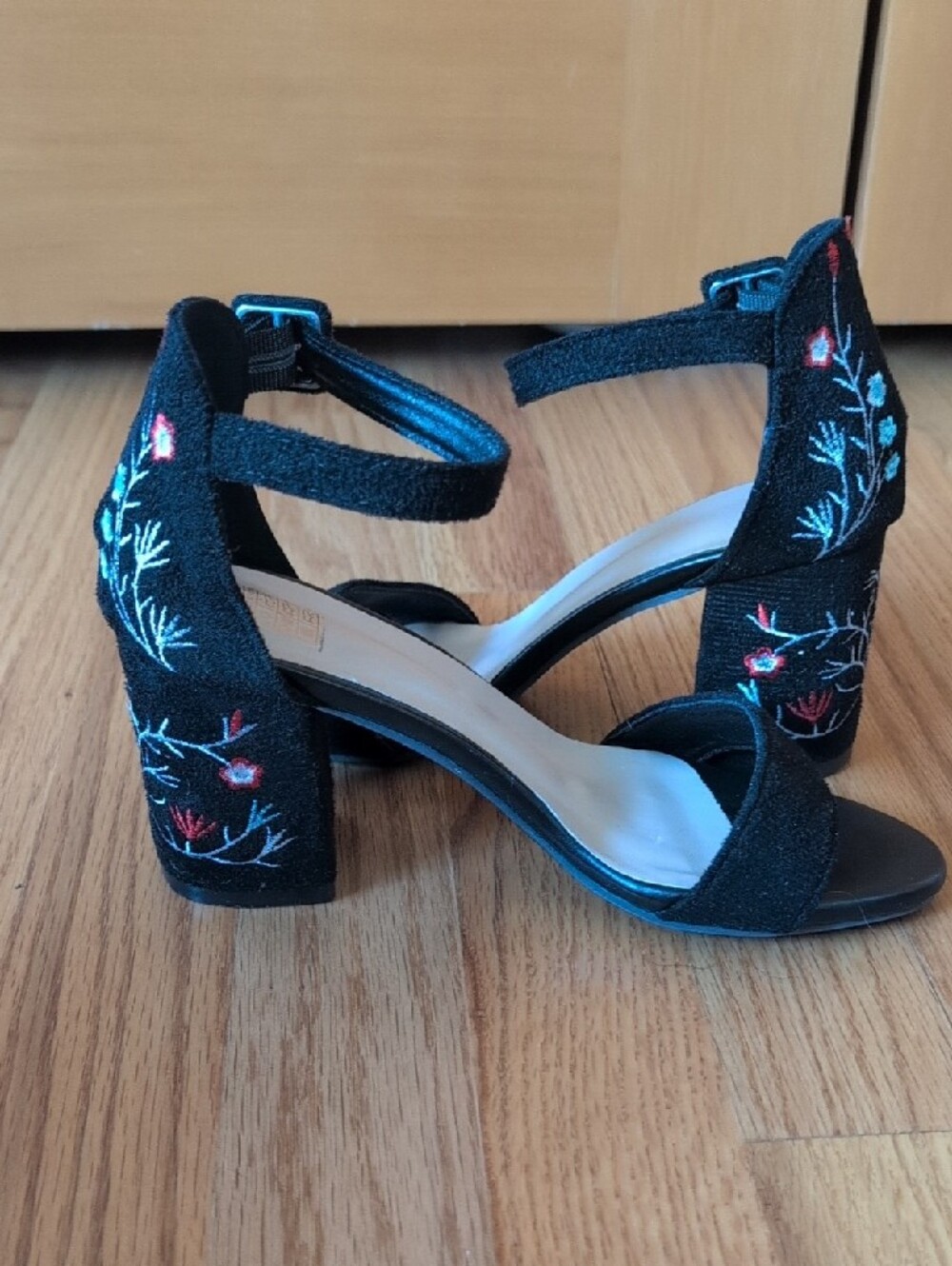Black Embroidered Block Heel Sandals with Ankle Strap